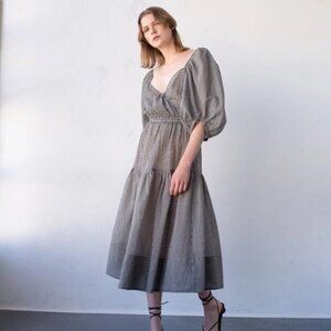 Shaina Mote Gilot Linen Blend Midi Dress - Black/White Gingham